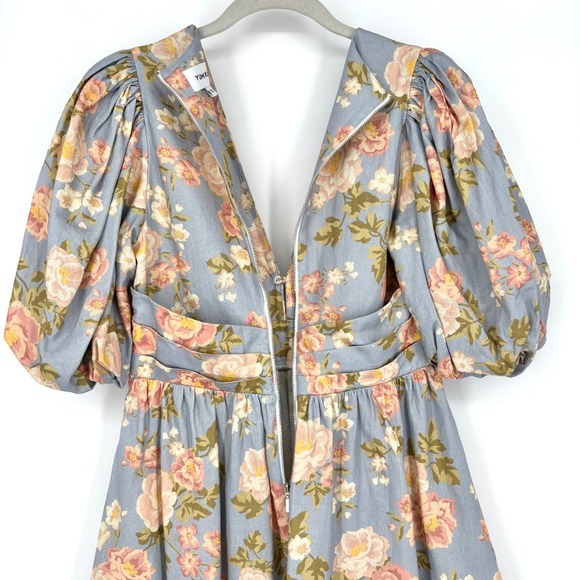 Yumi Kim Gayle Dress Sz XS Blue Pink Linen Blend Floral Puff Sleeve V Neck Midi - Picture 13 of 16